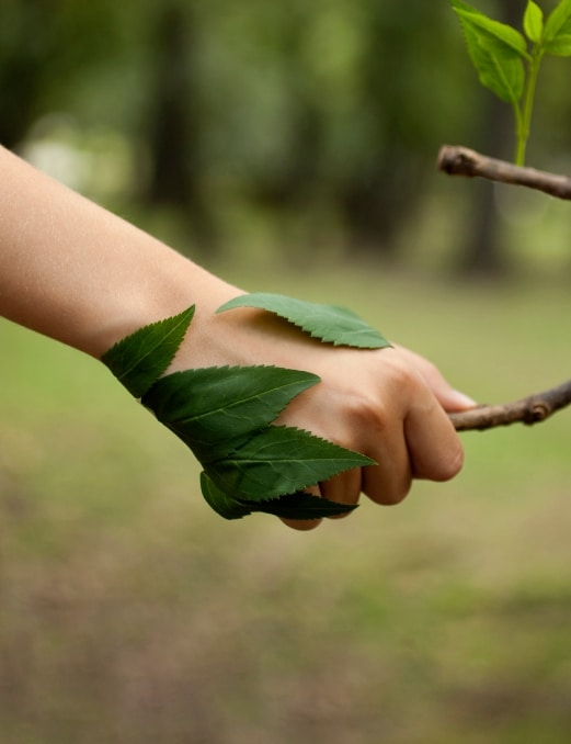 Eine Hand schüttelt sich die Hand mit einer Pflanze, die in Form einer Hand ist
